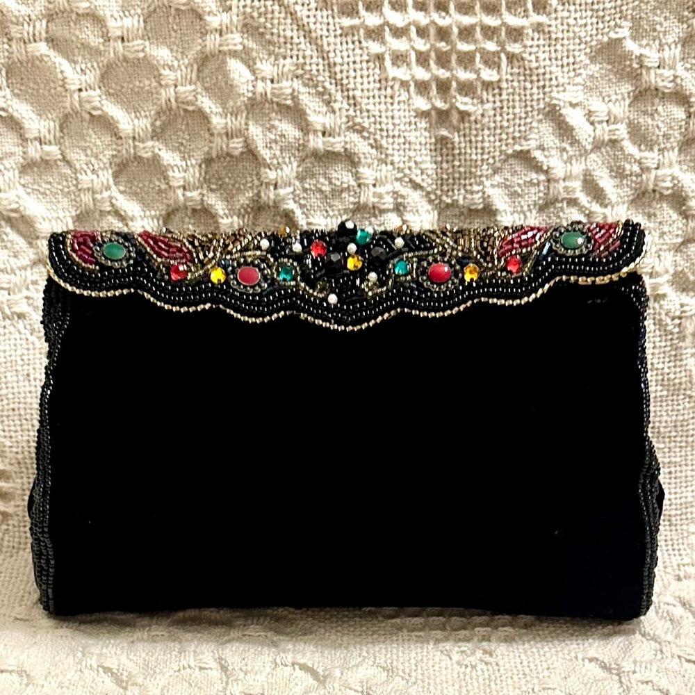 Vtg Black Cocktail Evening Bag Clutch/Crossbody Handbag W Stone Frame La Regale